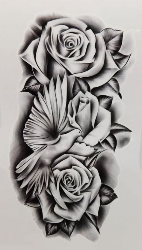 Rose With Dove Tattoo, Rose Pattern Tattoo, Rose And Dove Tattoo For Men, Dove And Roses Tattoo Design, Dove Roses Tattoo Design, Dove Tattoo Design Drawing, Roses And Doves Tattoo, Dove With Flowers Tattoo, Rose And Cross Tattoos For Men