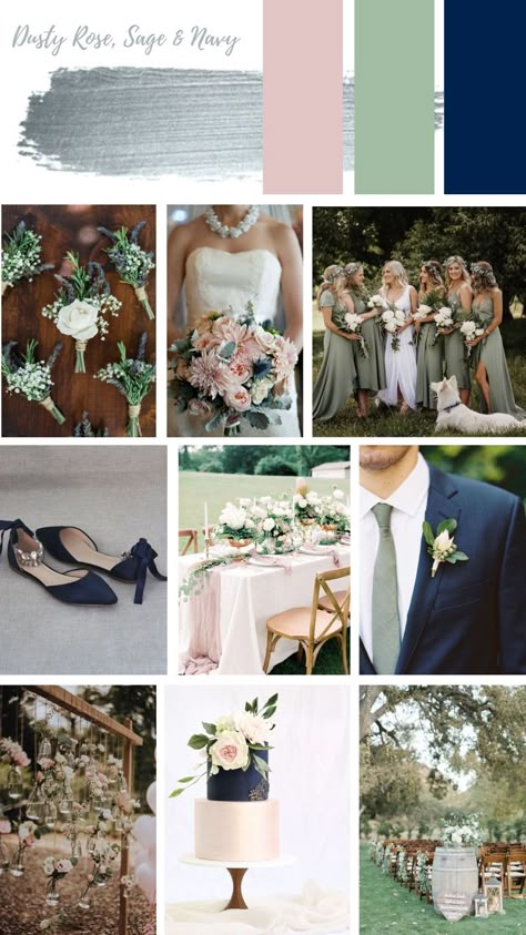 Subtle Wedding Colors, Blue Green Rose Color Palette, Sage Green Navy Blue Blush Pink Wedding Decor, Spring Color Theme Wedding, Summer Mountain Wedding Color Palette, Sage Green Navy Blue Blush Pink Wedding, Spring Wedding Colors Schemes 2023, April Wedding Colors Spring, Wedding Colour Schemes Spring