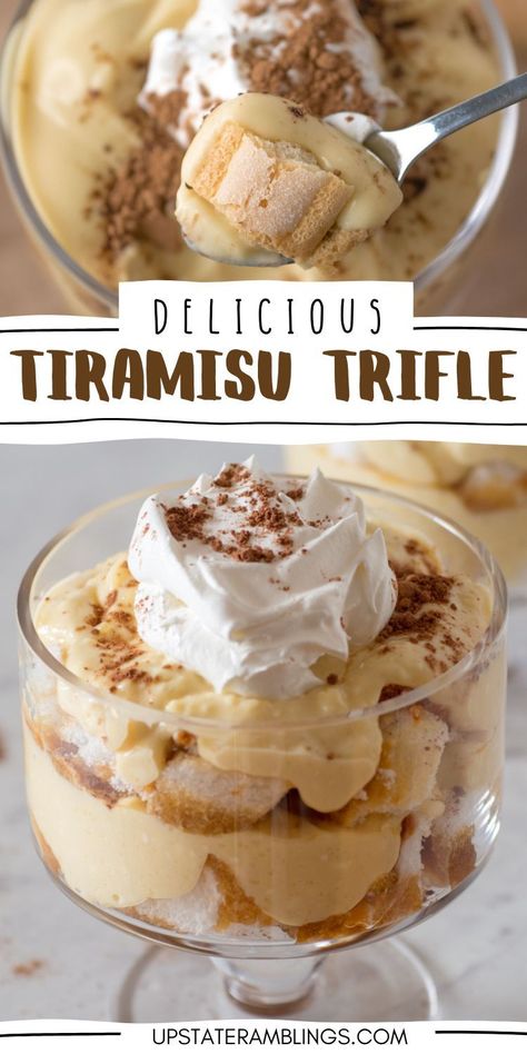 Whip up a delightful dessert in no time with our delicious tiramisu trifle recipe! With layers of luscious pudding and airy ladyfingers, it's a heavenly treat for any occasion. Desserts With Ladyfingers, Best Trifle Recipes, Tiramisu Trifle Recipe, No Bake Tiramisu, Tiramisu Pudding, Lady Fingers Dessert, Classic Tiramisu Recipe, Easy Trifle, Tiramisu Trifle