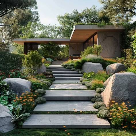 Blending Boundaries How Gardens Unite with Architecture • 333+ Art Images Japandi Landscape Design, Modern House Garden Design, Garden Stones Landscape, Nature Inspired Architecture, Beautiful Houses Exterior, Roof Landscape, Modern Japanese Garden, Roof Garden Design, Zen House