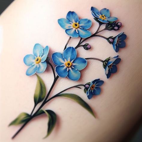 Sunflower With Forget Me Nots Tattoo, Forget Me Nots Meaning, Forget Me Not Symbolism, Blue Cover Up Tattoo, Memory Flower Tattoo, Blue Flower Tattoos For Women, Plumeria Tatoos, Piwakawaka Tattoo, Tattoo Flower Meaning