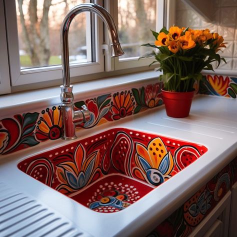 25 Stunning Bohemian Kitchen Sink Inspirations You'll Love - Home Made Graceful Tiled Kitchen Sink, Kitchen Counter Art, Modern Bohemian Kitchen, Kitchen Sink Inspiration, Mexican Style Bathroom, Kitchen Tile Ideas, Mexican Style Kitchens, Mexican Sink, Sink Inspiration