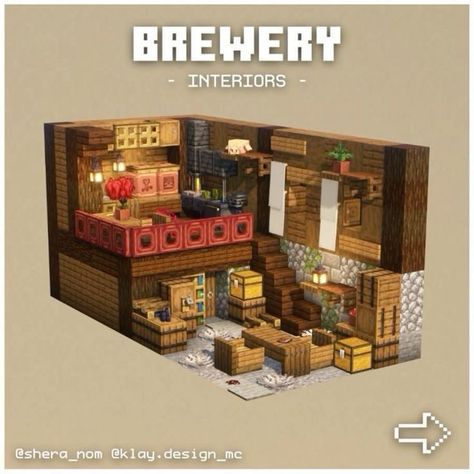 Minecraft Brew Room Ideas, Minecraft Hours Ideas, Furnace Area Ideas Minecraft, Minecraft Interiors Ideas, Minecraft Dye Shop Ideas, Minecart Station Minecraft, Minecraft Distillery, Minecraft Interior Layout, Minecraft Man Cave