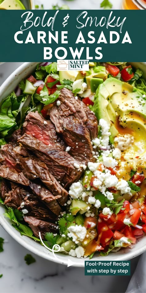 Try these Carne Asada Bowls, featuring grilled steak marinated in lime and Mexican spices. A healthy, easy dinner perfect for family BBQs. Healthy Man Meals, Healthy Carne Asada Recipes, Carne Asada Salad Recipes, Steak Bowl Meal Prep, Healthy Steak Dinner Ideas, Healthy Summer Dinner Recipes Beef, Steak Bowls Healthy, Healthy Steak Meals, Healthy Steak Dinner Recipes