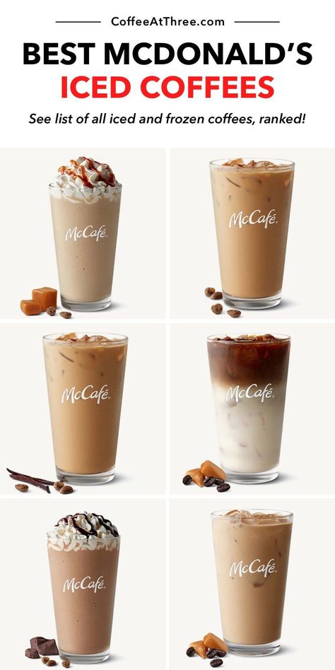 Every iced coffee drink at McDonald’s, ranked, including Frappes! Get tips on how to order, calorie count, and see what’s in each drink. Mcdonald’s Iced Coffee Order, Mcdonald’s Coffee Order, Mcdonald’s Iced Coffee, Mcdonald’s Coffee, Mcdonalds Iced Coffee Order, Mcdonalds Iced Coffee, Iced Caramel Macchiato Recipe, Vanilla Iced Coffee Recipe, Caramel Iced Coffee Recipe