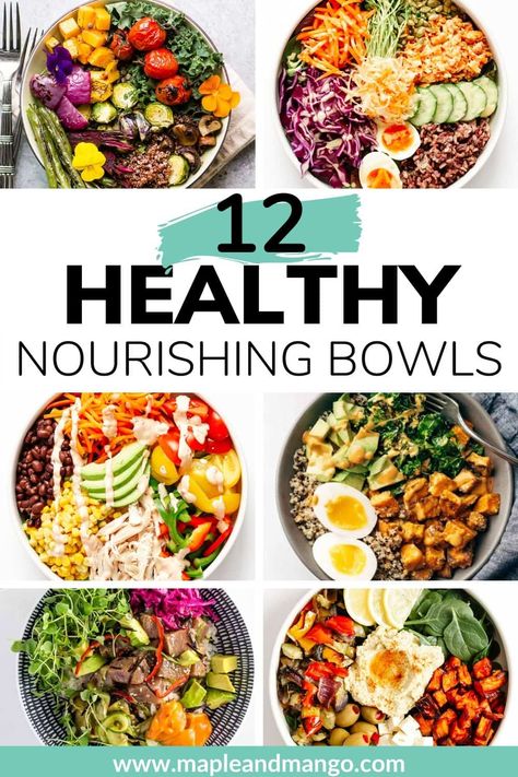 Looking for a balanced, nutritious, delicious and easy to make meal idea? Learn how to build a healthy nourish bowl using this simple 3-step formula. Great for lunch, dinner and meal prep! These healthy bowls are super versatile. Regardless of allergies or diet (vegan, vegetarian, paleo, keto), these bowls can be customized to suit your needs. | www.mapleandmango.com #mealprep #healthy #buddhabowl #nourishbowl #cleaneating Nourish Bowl, Healthy Bowls Recipes, Healthy Bowls, Lunch Bowl, Dinner Bowls, Balanced Meals, Idee Pasto Sano, Vegetarian Recipes Dinner, Food Bowl