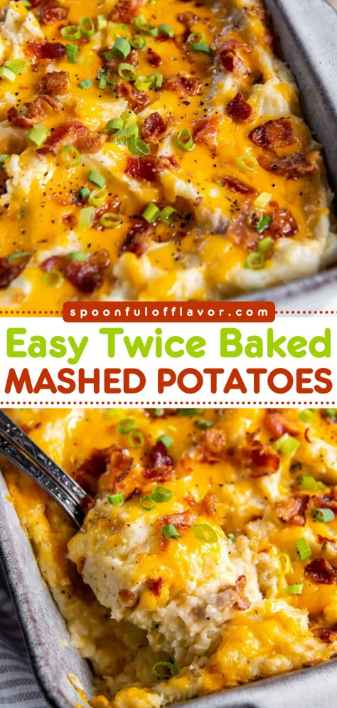 Twice Baked Mashed Potatoes are creamy, cheesy and delicious. Baked potatoes are mashed and loaded up with cheese, butter, sour cream, bacon and onions. It’s the perfect side dish for any time of the year! Twice Baked Mashed Potatoes, Baked Mashed Potatoes, Mashed Potato Casserole, Recipe Thanksgiving, Instant Mashed Potatoes, Best Mashed Potatoes, Mashed Potatoes Recipe, Best Side Dish, Thanksgiving 2020