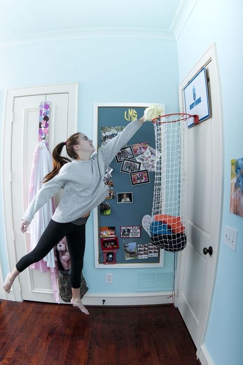 Such a fun gift for sporty girls! A classic basketball hoop that acts as a laundry hamper - genius! Moms love it too ;) thedunkcollection.com Sporty Bedroom Ideas, Sporty Room, Girls Sports Bedroom, Basketball Bedroom, Basketball Room, Ball Room, Sport Bedroom, Pink Bedroom For Girls, Toddler Bedroom Girl