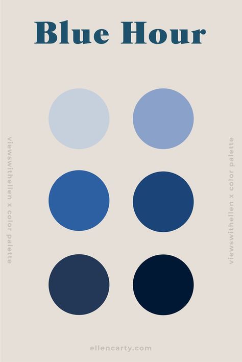 Blue Hour inspired color palette for branding, web design, product packaging, visual identity, and wardrobe. Color Palette Basic Colors, Blue Pallette Aesthetic, Blue Colour Pallete Shades, Blue Hour Color Palette, Newjeans Color Palette, Blue Aesthetic Palette, Web Design Palette, Blue Eyes Color Palette, Color Blue Palette