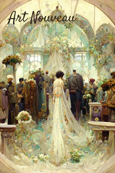 Beautiful Art Nouveau wedding ceremony Vintage Nouveau Wedding, Art Nouveau Wedding Theme, Art Nouveau Wedding Decorations, Art Nouveau Wedding Dress, Dutch Masters Wedding, 30s Wedding, Art Nouveau Aesthetic, Lemons Wedding, Art Nouveau Theme