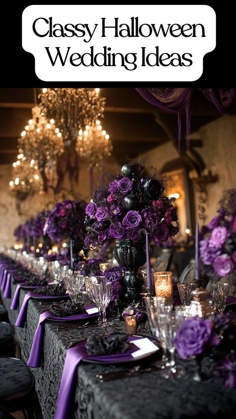 Elegant Halloween wedding ideas with purple and black colors, DIY decorations, and classy fall themes. Black And Purple Wedding Reception, Black And Purple Wedding Decor, Dark Purple And Black Wedding, Purple And Black Wedding Theme, Classy Halloween Wedding, Purple And Black Wedding, Black And Purple Wedding, Purple Black Wedding, Halloween Wedding Decorations