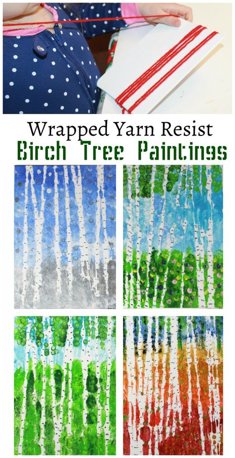 Wrapped yarn resist birch tree paintings for every season. Kids arts and crafts projects. Inspired by artist Gustav Klimt Birches Painting, Kids Arts And Crafts, Classe D'art, Tree Paintings, Birch Tree Painting, Fall Art, Homeschool Art, Kindergarten Art, Toddler Art