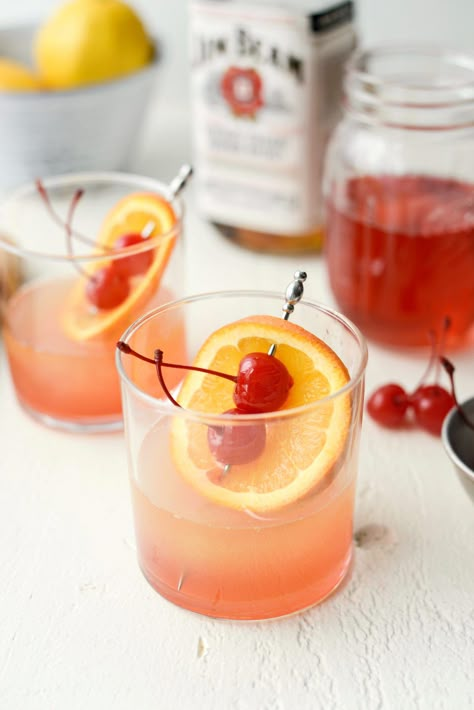 Whiskey Sour Sunrise l SimplyScratch.com #whiskey #lemon #cherry #adultbeverage #whiskeysour #recipe #drink #beverage Cherry Syrup, Whiskey Sour, Whiskey Drinks, Whiskey Cocktails, Exotic Food, How To Squeeze Lemons, Drinks Alcohol Recipes, Alcohol Recipes, Pina Colada