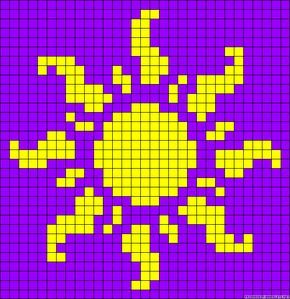 Sun cross stitch pattern--free. It looks like the sun emblem of the kingdom in "Tangled"! Sun Pixel Art, Modele Pixel Art, Bead Stitch, Pixel Crochet, Tapestry Crochet Patterns, Disney Cross Stitch, Pola Kristik, Pixel Pattern, Pixel Art Pattern