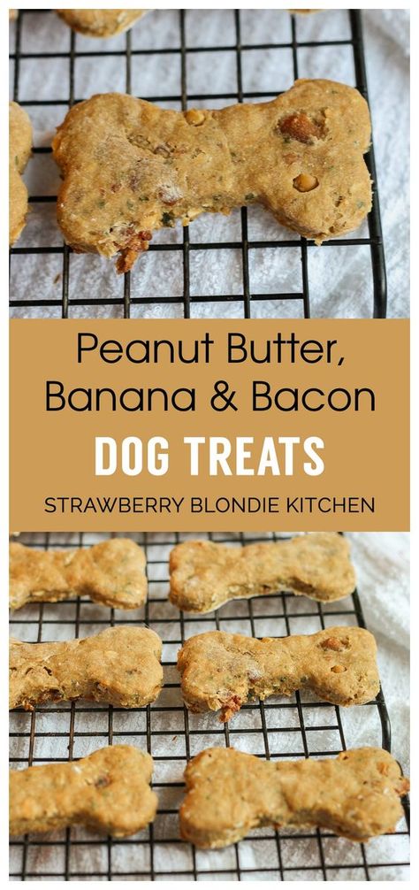 DIY Peanut Butter Bacon Banana Dog Treats | Strawberry Blondie Kitchen Diy Peanut Butter, Strawberry Blondie, Banana Dog Treats, Peanut Butter Bacon, Bacon Dog Treats, Homemade Dog Cookies, Bacon Dog, Dog Biscuit Recipes, Easy Dog Treats