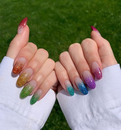 Rainbow Glitter Nails Sparkle, Rainbow Nails With Glitter, Glitter Rainbow Nails, Rainbow Glitter Nails, Rainbow French Tip Nails, Eras Nails, Eras Tour Nails, Taylor Nails, Taylor Swift Nails