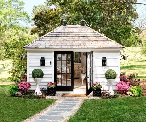 English Garden Shed, Limewash House, Yarn Shelf, White Shed, Room Organizers, Shed Landscaping, Shed Office, Fireplace Kits, Pool Storage