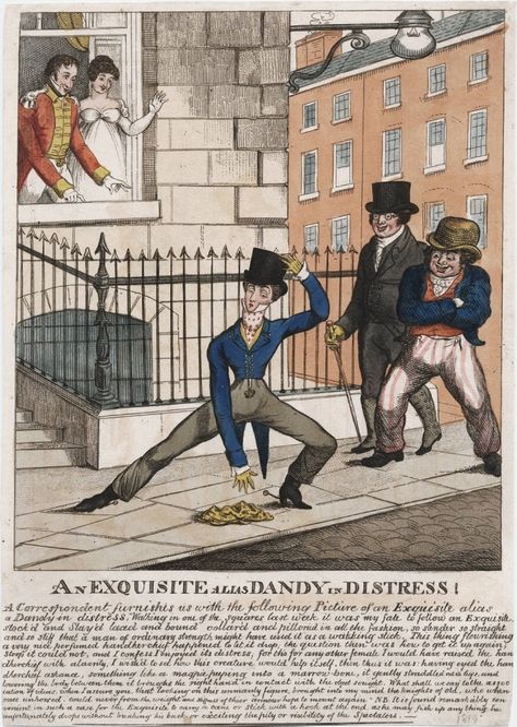 Tight trousers create a dilemma for this dandy, who cannot pick up his handkerchief. Overalls Men, University Library, Regency Fashion, Georgian Era, Yale University, In Distress, Regency Era, Working Class, British History