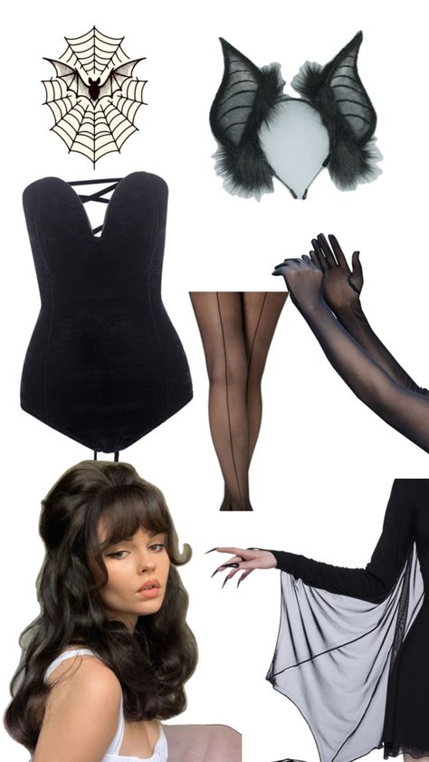 Bat Outfit Halloween, Black Dress Diy Halloween Costumes, Easy Hot Costumes, Vintage Bat Halloween Costume, Vintage Vampire Costume, Easy Work Costumes, 50s Costume Ideas, Vintage Bat Costume, Bat Costume Women's