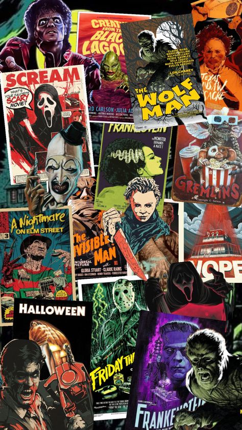 Horror Screen Savers, Halloween Slasher Wallpaper, Horror Movies Aesthetic Wallpaper, Slasher Wallpaper Aesthetic, Horror Movies Collage, 80s Horror Aesthetic Wallpaper, Horror Collage Wallpaper, Classic Horror Movies Aesthetic, Classic Horror Wallpaper