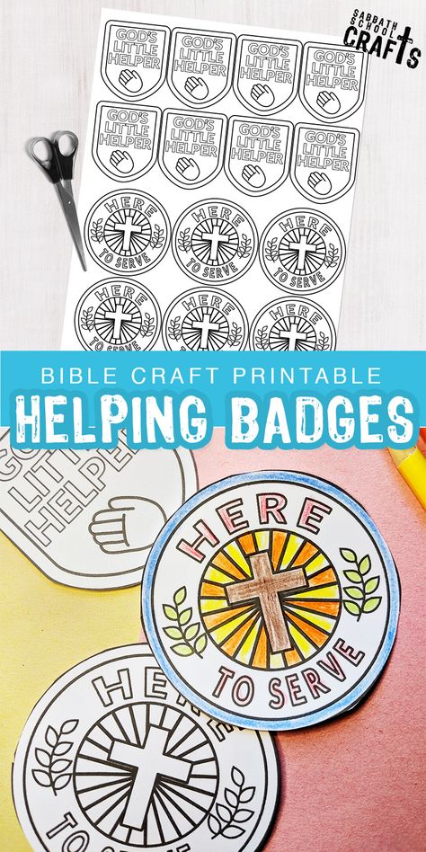 If you're looking for a quick and easy church craft for kids, it's hard to get easier than this! Simple have your children color in two badges, stick double sided tape to the back and have them place it on themselves! This should go with a lesson on serving and helping. Encourage your children to look for ways they can help others. Can they clean something up? Carry something? Bring something useful to someone? The options are limitless! #biblecrafts Serving One Another Craft, No Other Gods Before Me Craft, Helping Others Craft Preschool, Antioch Church Helped Craft For Kids, Serve Others Craft, Crafts About Helping Others, Serving Others Craft, Generosity Crafts For Kids, Serving Others Crafts Sunday School