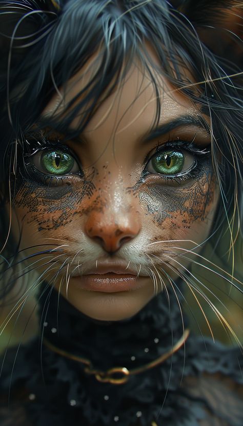 Cat Girl with Whiskers and Big Green Eyes Werecat Female, Medusa Art, Fairy Cosplay, Cat Eyes, Green Witch, Creature Concept Art, Horse Stuff, Creature Concept, Cat Girl