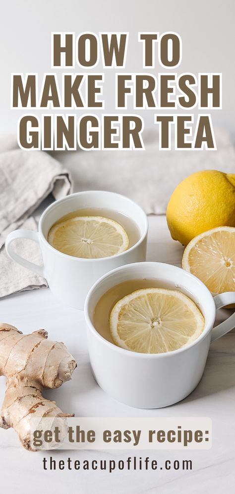 Learn how to make homemade ginger tea with fresh ginger root. This easy recipe is nourishing and spicy with a bit of tangy lemon. It is best to drink on cold nights or when you’re feeling under the weather. Only 4 ingredients and about 20 minutes! Ginger Lemon Tea Sick, Ginger Lemon Honey Tea For Cold, Best Ginger Tea Recipe, How To Boil Ginger Root For Tea, Home Made Ginger Tea, Fresh Ginger Lemon Honey Tea, Cold Ginger Tea, Ground Ginger Tea, Hot Ginger Water Recipe