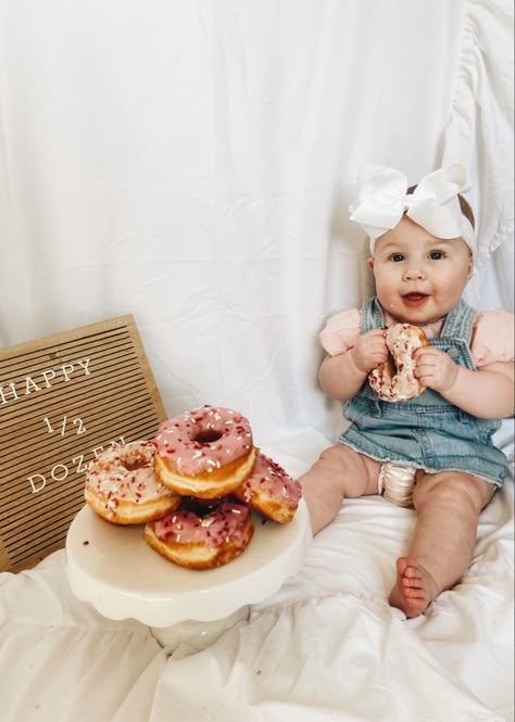 Half Way To A Dozen Photoshoot, March 6 Month Pictures, Half Way To One Donut Photoshoot, Six Month Old Photo Shoot Ideas, May Milestone Picture Ideas, 6 Month Donut Pictures, 6m Photo Shoot, 6 Month Old Half Birthday Ideas, 6 Month Old Photoshoot Ideas At Home