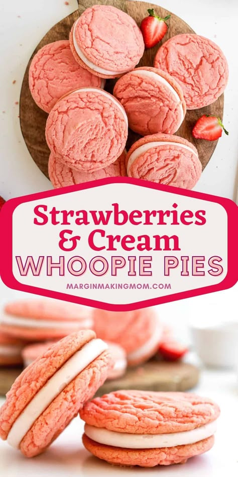 Valentines Whoopie Pies, Strawberry Cookie Sandwich, Pink Whoopie Pies, Valentine Whoopie Pies, Cake Mix Cookie Sandwiches, Summer Whoopie Pies, Whoopie Pie Packaging Ideas, Cookies And Cream Whoopie Pies, Strawberry Sandwich Cookies