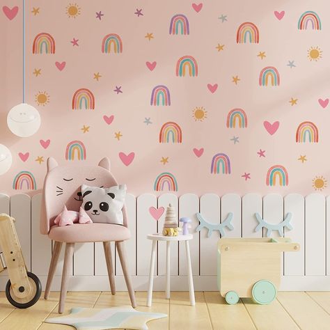 Charming Combination: you will receive 4 sheets wall decors, including 24 pieces of rainbow wall decor, 30 pieces of star stickers, 22 pieces of heart stickers and 6 pieces of sun stickers, a total of 82 pieces, rich styles and plenty quantity to make your room even more enchanting Bedroom Purple Walls, Rainbow Girls Room, Boho Rainbow Wall, Girls Wall Stickers, Heart Wall Decal, Rainbow Wall Decal, Rainbow Wall Decor, Youth Decor, Rainbow Room