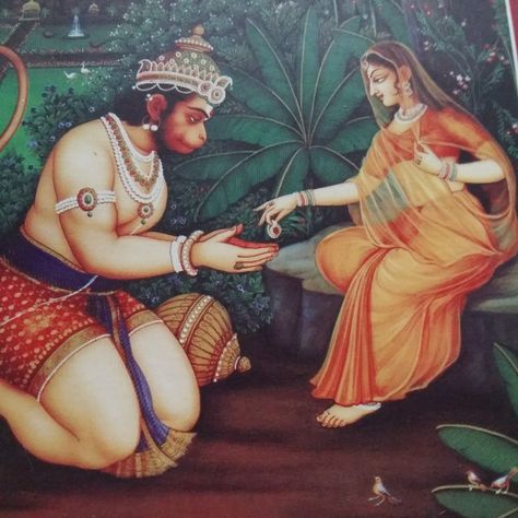 Temple painting showing Sita giving her ring to Hanuman to show to Sri Ram. There are many such beautiful paintings in the temples of Sri Lanka. Hanuman Heart Open, Sita Painting, Temple Painting, Sri Ram, Mughal Art Paintings, Sita Ram, Ram Dass, Mughal Art, India Facts