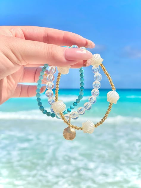 pearl bracelets, beach, seashells, 14k gold fill, mickey turquoise, aulani inspired, mermaid. seashell Bracelet Pictures Ideas, Bracelets Preppy, Mermaid Things, Bracelets Beach, Beach Seashells, Mermaid Seashell, Mermaid Accessories, Turquoise Fashion, Vacation Jewelry