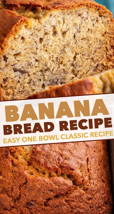 This Classic Banana Bread is ultra moist and tender, and a fantastic way to use up extra bananas!  Made with no mixer, in 1 bowl, and ready in 1 hour... it's the perfect easy quick bread recipe! #banana #bananabread #baking #bread #quickbread #loaf #easyrecipe #dessert Banana Bread Recipe One Bowl, No Nut Banana Bread Recipe, Quick Banana Bread Easy, Easy Banana Bread Recipe 3 Ingredients, Extra Moist Banana Bread, Easy Homemade Banana Bread, Extra Bananas, Banana Bread Moist, Simple Banana Bread Recipe