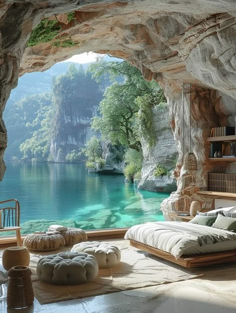 Cave Pool, Mountain Cabins, Amazing Houses, Natural Homes, Dream Life House, Cave House, Water Pictures, Decorative Ideas, Fantasy Homes