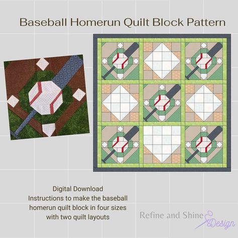 Get instant access to the baseball homerun quilt block pattern along with two quilt layouts. The block can be made in four sizes and uses traditional piecing techniques. Baseball Quilt Pattern, Softball Quilt, Baseball Quilts, Baseball Quilt, Football Quilt, Quilt Layouts, 2023 Crafts, Denim Quilts, Sports Quilts