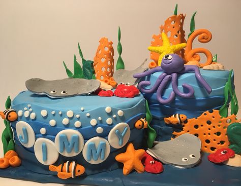 Ocean Theme Birthday Cake, Marlin Nemo, Nemo Dory, Ocean Theme Birthday, Theme Birthday Cake, Ocean Cakes, Shark Cake, Under The Sea Theme, Kids Cakes