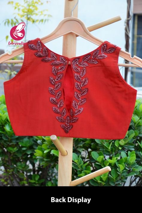 Red Crepe Beads Handwork Padded Keyhole Back Blouse - Blouses Exclusive Blouse Designs, Stylish Blouses, Blouses Designs, Indian Saree Blouse, Indian Saree Blouses Designs, Fancy Blouse, Elegant Blouse Designs, Saree Blouses, Saree Blouse Designs Latest