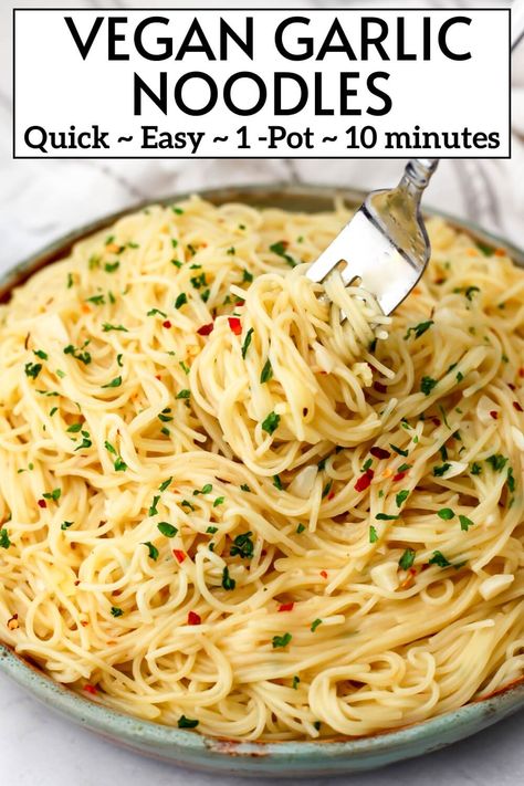 These quick and easy vegan garlic noodles are made in 1-pot in less than 10 minutes with just a few basic ingredients. They will be the easiest, yet most delicious noodle dish you ever make! These buttery dairy-free noodles are perfect for an easy weeknight dinner or lunch for the kids! Perfect for camping and backpacking too! thehiddenveggies.com Vegan Quick Dinner Recipes, Dairy Free Entrees, Easy Vegetarian Recipes Dairy Free, Non Dairy Noodle Recipes, Creamy Vegan Noodles, Lentil Noodles Recipe, Gluten Free Dairy Free Recipes Dinner Easy, Cheap Meals Dairy Free, Easy Vegan Noodle Recipes