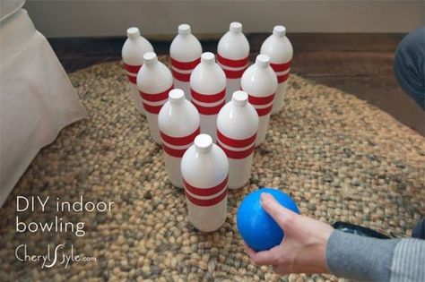 Indoor bowling can be fun for all ages! Diy Bowling Game, Diy Bowling Pins, Indoor Bowling, Kid Games Indoor, Diy Bowling, Diy Dish, Diy Kids Games, Bowling Games, Christmas Games For Kids