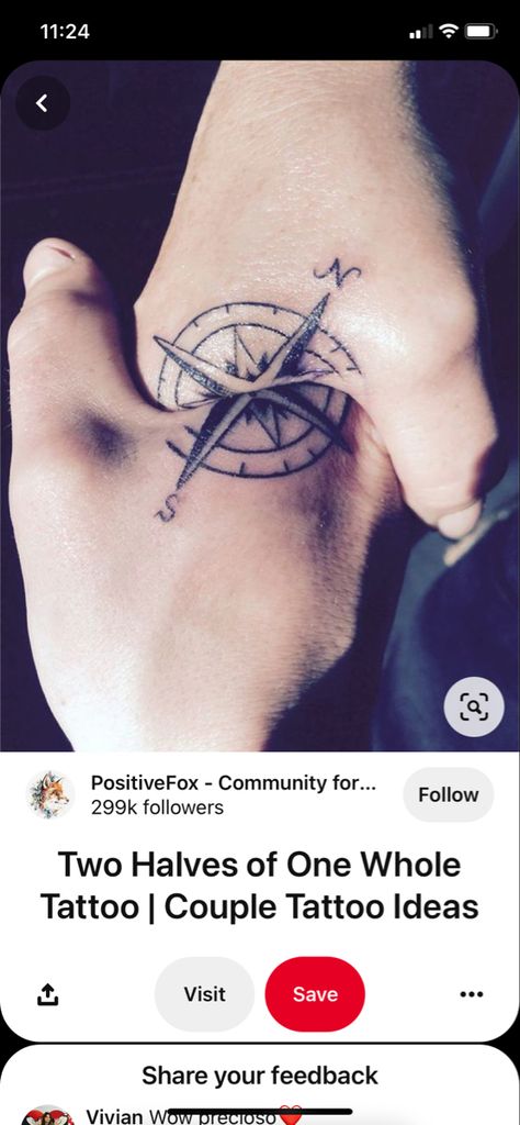 Compass Tattoos For Couples, Couples Compass Tattoo, Matching Compass Tattoos, Couples Hand Tattoos, Tattoo Meaningful, Partner Tattoos, Tattoos For Couples, Long Distance Best Friend, Couples Tattoos