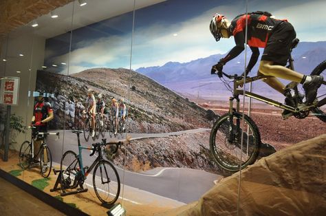 Bikes with roadscape in Adventure HQ Window Display August 2011 Bike Shop Window Display, Bike Shop Interior, Bicycle Display, Garage Store, Bike Display, Mountain Bike Tattoo, Retail Space Design, Bicycle Store, Pro Bike