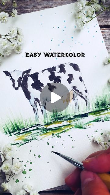 Watercolor Cows, Mini Cow Painting, Watercolor Cows Painting, Cows Watercolor, Watercolor Art Cow Easy, Cute Cow Watercolor Painting, Fan Brush, Country Videos, Texas Hill Country