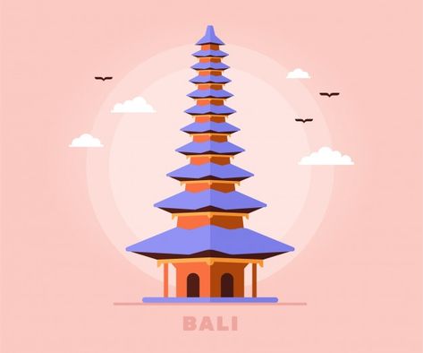 Bali tourism temple holiday travel of in... | Premium Vector #Freepik #vector #building #sky #flat #architecture Flat Architecture, Travel Theme Decor, Vector Building, Cartoon Building, Water Temple, Traditional Building, Chinese Art Girl, Travel Sketches, Space Pictures