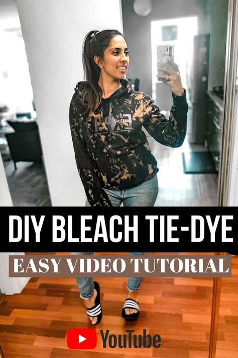 Tie-dye using only bleach and no dyes - Watch the video to see how to tie up your hoodie and mix the bleach solution! Bleach Tie Dye Diy, Diy Hoodie, Diy Bleach, Tie Dye Tutorial, Hoodie Tutorial, Bleach Tie Dye, Tie Dye Diy, Black Sweatshirt, Easy Tutorial