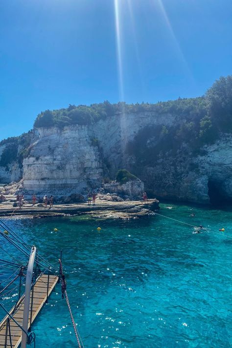 turquoise blue water on Antipaxos island in Greece Paxos Greece Aesthetic, Greece Boat Trip, Antipaxos Greece, Paxos Antipaxos, Paxos Greece, Paxos Island, Greek Holiday, Corfu Town, Island Town