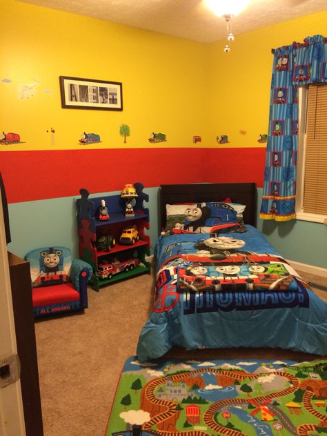 Thomas the Train bedroom! Created by my brain  the sharp lines were helped along by "frog tape" Thomas The Train Bedroom Ideas, Thomas The Train Bedroom, Thomas The Train Room, Boys Room Ideas Toddler, Train Bedroom Decor, Train Room Decor, Boys Room Ideas, Thomas Bedroom, Train Bedroom