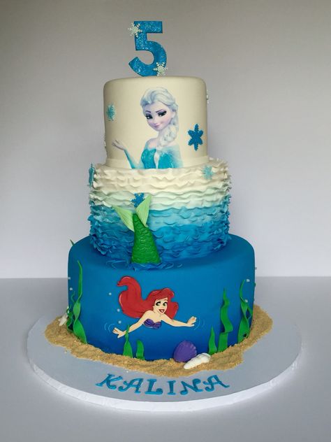 Ariel & Elsa cake by CakeBaby Elsa Mermaid Cake, Aquarium Party, Frozen Mermaid, Card Puns, Elsa Birthday Cake, Disney Princess Birthday Cakes, Elsa Party, Third Birthday Girl, Ariel Cake