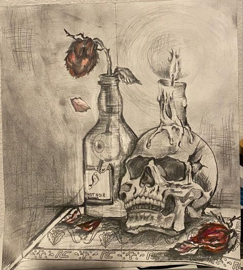 Skeleton head, art, sketch.. Esther T. or Esta T. Skeleton Still Life, Shattered Drawing Ideas, 2 Dimensional Art Drawing, Sketch Ideas Skeleton, Vintage Art Sketches, Skull Art Drawing Pencil, Skull Drawing Aesthetic, Skeleton Art Drawing Sketch, Skeleton Drawing Aesthetic