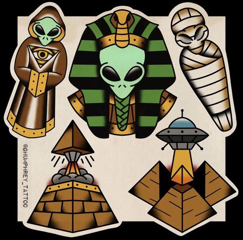 Pharoah Tattoo, Black Flash Tattoos, Spaceship Tattoo, Halloween Tattoo Flash, Traditional Tattoo Man, Pyramid Tattoo, Tato Tradisional, Ufo Tattoo, Traditional Tattoo Designs