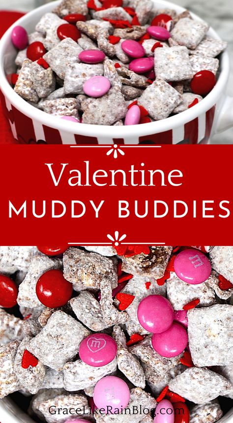 Valentine Muddy Buddies are a super simple Chex Mix recipe that combines peanut butter, chocolate, and powdered sugar into one tasty treat that your special someone is sure to love. Cupid recommends that you make this Valentine's Day snack if you want his arrow to find your true love. Chocolate Snack Mix, Healthy Valentines Treats, White Chocolate Chex Mix, Chocolate Chex Mix, Puppy Chow Chex Mix Recipe, Valentines Party Food, Chex Mix Puppy Chow, Chex Mix Recipe, Chocolate Chip Cookie Cheesecake